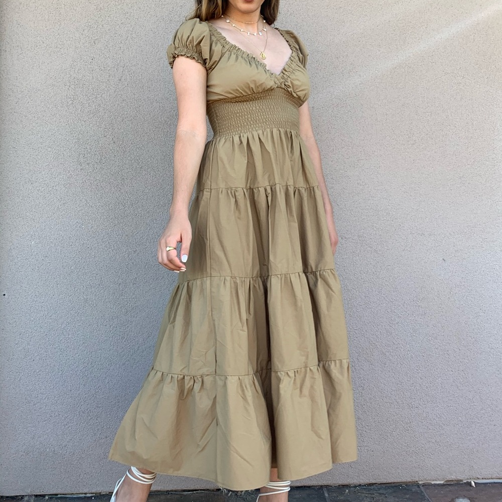 Danielle Bernstein WeWoreWhat Tan Puff Sleeve Cotton Poplin Smocked Midi Dress